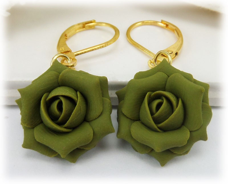 StrandedTreasures Olive Green Rose Dangle Earrings Olive Rose Jewelry Olive Flower Earrings Olive Green Floral Bridesmaid Jewelry Gift Earrings for Her