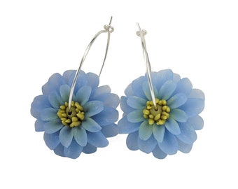 Big Blue Dahlia Hoop Earrings Sterling Silver or Gold Filled | Dahlia Jewelry | Blue Flower Hoops
