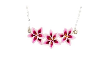 Stargazer Lily Necklace: Three Pink Flowers, Adjustable, Silver, Gold, or Antique Brass
