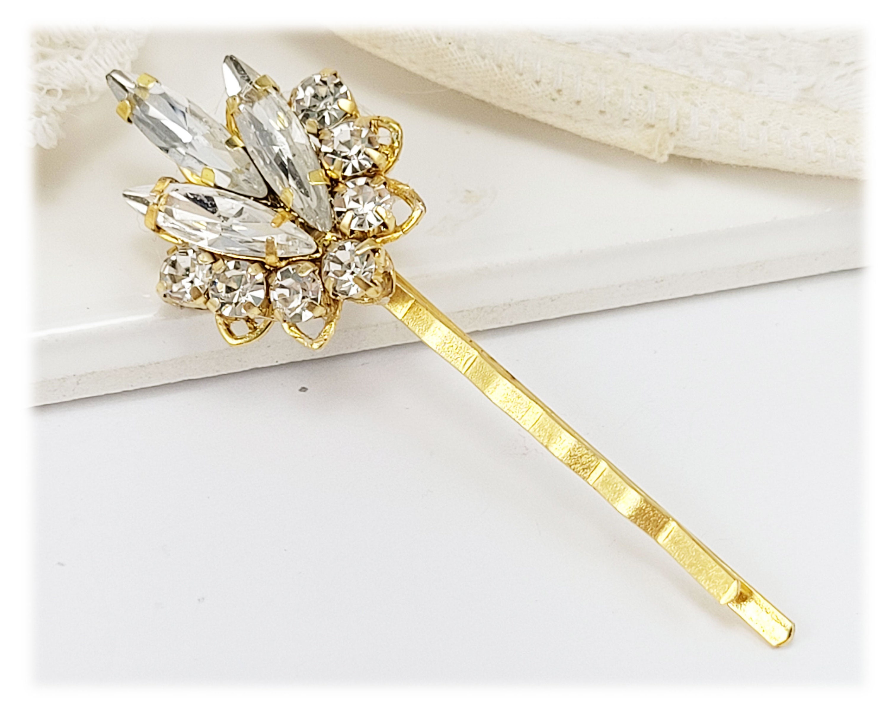 Art Deco Gold Updo Wedding Bridal Hair Pins Kit Gold Leaf Rhinestone Pearl Wedding Hair Pins - Set of 5  main image 4