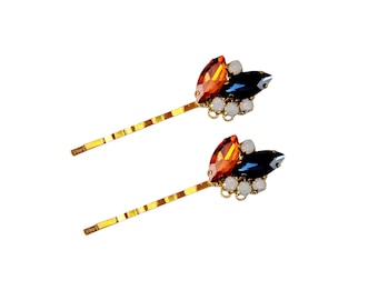 Orange Navy Blue Gold Hair Pins: Vintage Style Bobby Pins (Set of 2)