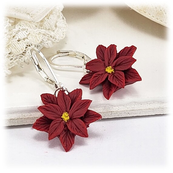 Poinsettia Dangle Earrings Poinsettia Jewelry Red Christmas Flower