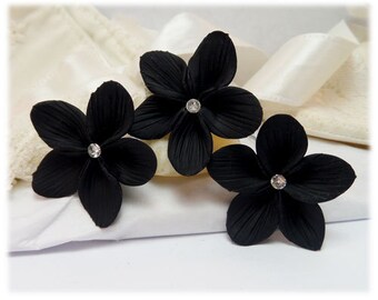 Black Hair Flowers (3) | Black Flower Hair Pins | Black Floral Bridal Bridesmaid Hair Accessories | Black Formal Hair Pins with Pearl
