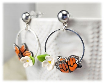 Butterfly Small White Flower Dangle Hoop Earrings | Butterfly Flower Earrings | Butterfly on Flower Theme Jewelry