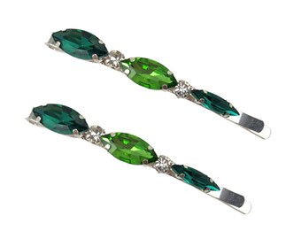 Wide Emerald Rhinestone Hair Pins | Emerald Side Bobby Pins | Two Color Green Hair Accessories