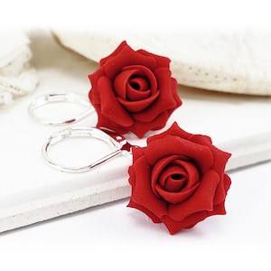 Red Rose Dangle Earrings: Floral Bridesmaid Jewelry
