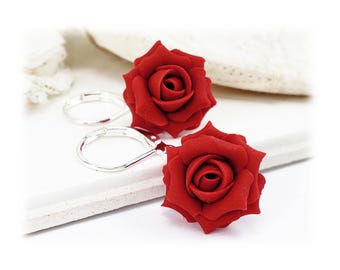 Red Rose Dangle Earrings: Floral Bridesmaid Jewelry