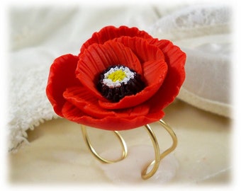 Red Poppy Ring Adjustable Sterling Silver or Gold Filled | Poppy Jewelry | Vibrant Red Flower Ring | August Birth Flower Gifts