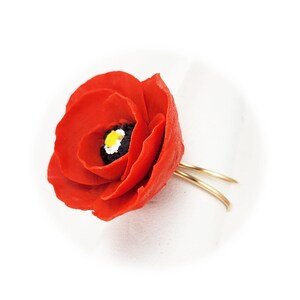 Red Poppy Ring: Adjustable Sterling Silver or Gold Filled, August Birth Flower