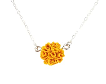 Tiny Marigold Dainty Necklace: October Birth Flower, Sterling Silver or Gold Filled Option