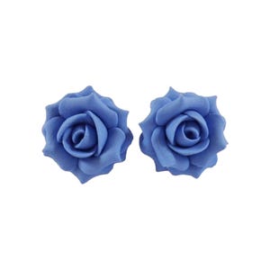 Blue Rose Stud Earrings or Clip Ons: Hand Sculpted Clay Flower, Hypoallergenic Options