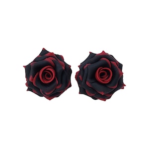 Red Tip Black Rose Earrings Stud or Clip On | Gothic Flower Earrings | Variegated Rose Jewelry | Hypoallergenic Flower Stud Earrings