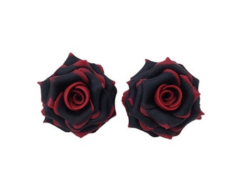 Red Tip Black Rose Earrings Stud or Clip On | Gothic Flower Earrings | Variegated Rose Jewelry | Hypoallergenic Flower Stud Earrings