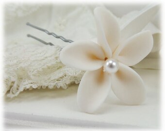 White Plumeria Pearl Hair Pin 1 INCH | Plumeria Jewelry | Tropical Wedding Flower Hair Accessory