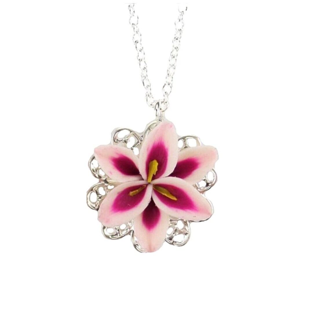 Pink Stargazer Lily Filigree Charm Necklace Pink Lily Jewelry Pink