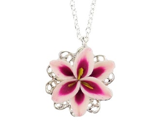 Pink Stargazer Lily Filigree Charm Necklace | Pink Lily Jewelry | Pink Flower Necklace | Vintage Style Pink Lily Necklace