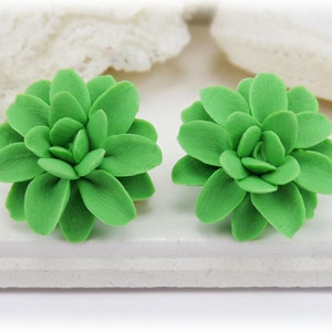 Green Dahlia Earrings Stud or Clip On Dahlia Jewelry Green Flower Studs Hypoallergenic Flower Stud Earrings Kelly Green-Pic #1