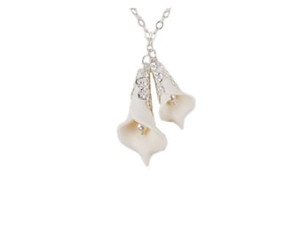 Double Calla Lily Pendant Necklace: Bridal Jewelry, Pearl Accent