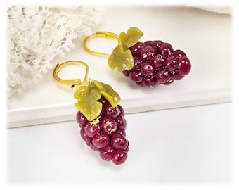 Burgundy Purple Grape Earrings: Hand Sculpted Clay Fruit Jewelry