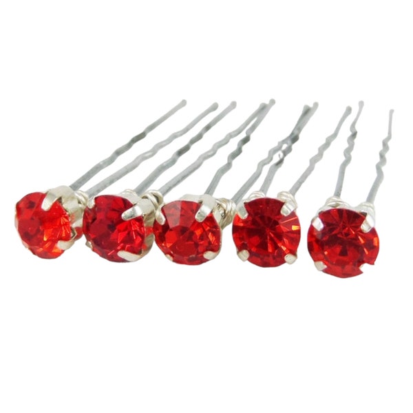 Light Siam Red Rhinestone Hair Pins 7mm (5) | Light Red Wedding Hair Accessories | Bright Red Bridal Bridesmaid Jewel Bobby Pins