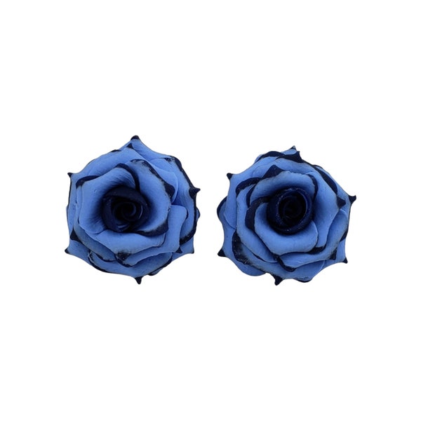 Navy Light Blue Rose Earrings Stud or Clip On | Dark Blue Light Blue Flower Earrings | Variegated Tipped Rose Jewelry | Hypoallergenic Studs