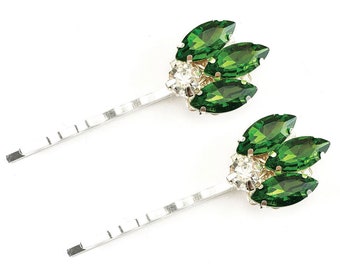 Emerald Rhinestone Bobby Pins: Vintage Art Deco Hair 