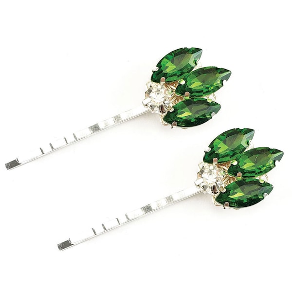 Vintage Art Deco 1920s Style Emerald Hair Pins | Emerald Hair Accessories | Green Filigree Bobby Pins