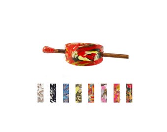 Handcrafted Marbled Hair Slide Stick Barrette: Polymer Clay, Wood, Multicolor