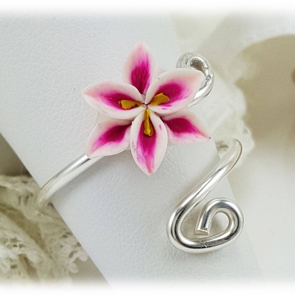 Pink Stargazer Lily Sterling Silver Wrap Ring | Pink Lily Jewelry | Petite Pink Flower Ring