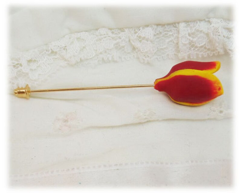 Yellow Tipped Red Tulip Brooch or Stick Pin Red Tulip Jewelry Tulip Lapel Spring Flower Brooch Yellow Red Flower Accessory image 2