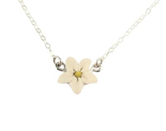 Tiny Jasmine Flower Dainty Necklace: White Floral Pendant, Sterling Silver or Gold Filled Option