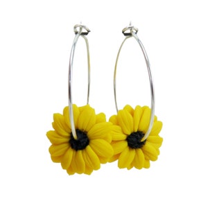 Black Eyed Susan Hoop Earrings: Polymer Clay Flower, Sterling Silver or Gold Filled