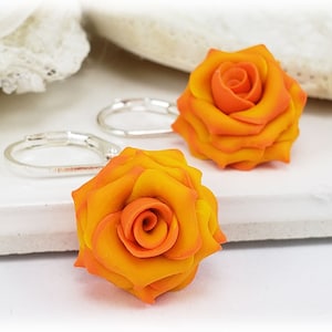 Orange Tip Yellow Rose Petal Earrings | Orange Yellow Floral Jewelry | Variegated Tipped Rose Petals Jewelry