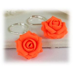 Neon Orange Rose Dangle Earrings: Polymer Clay Flower Jewelry