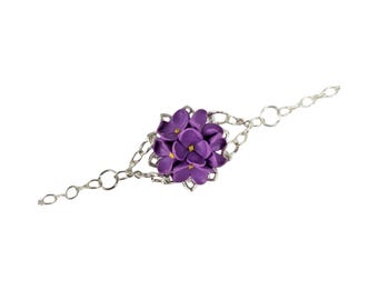 Lilac Flower Bracelet: Vintage Style Filigree Clasp, Adjustable