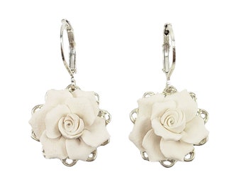 Gardenia Filigree Earrings | Gardenia Jewelry | White Flower Wedding Dangle Earrings | Vintage Style Gardenia Earrings Wedding Jewelry