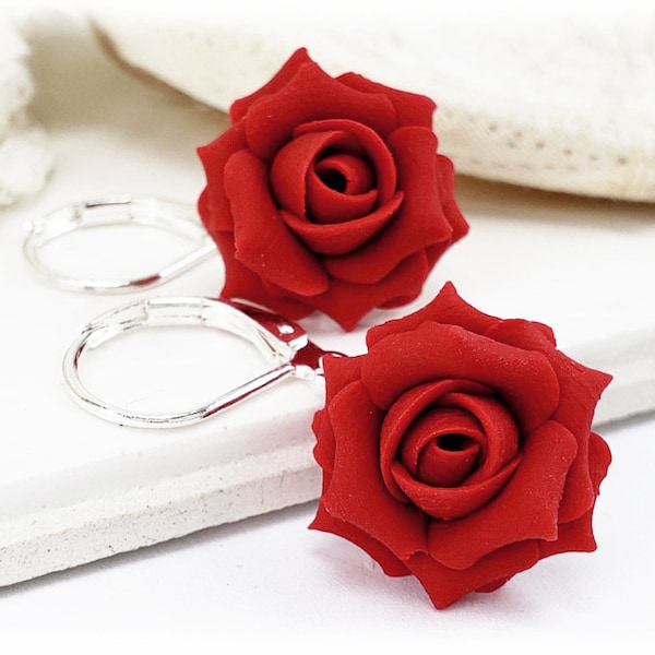 Red Rose Dangle Earrings | Red Rose Jewelry | Red Flower Earrings