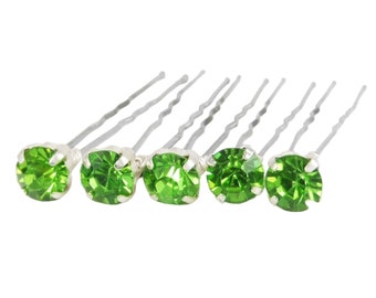 Peridot Green Rhinestone Hair Pins 7mm (5) | Light Green Wedding Hair Accessories | Green Bridal Bridesmaid Jewel Bobby Pins