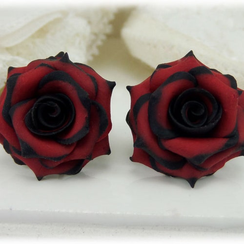 Black Tip Red Rose Earrings Stud or Clip On | Gothic Earrings | Gothic Rose Jewelry | Flower Earrings | Titanium Hypoallergenic