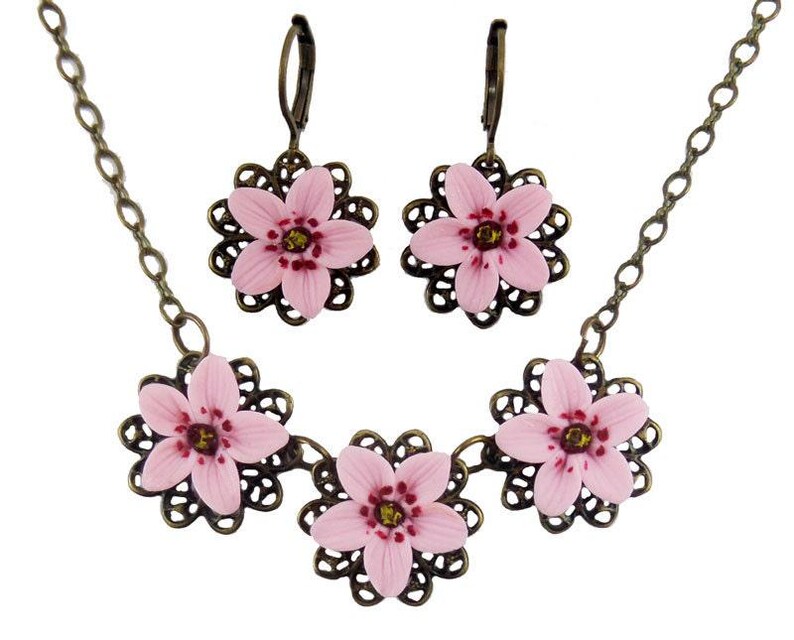 Cherry Blossom Jewelry Set: Pink Flower Necklace & Earrings image 7
