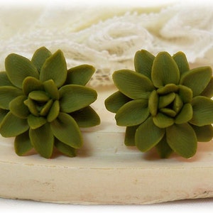 Green Dahlia Earrings Stud or Clip On Dahlia Jewelry Green Flower Studs Hypoallergenic Flower Stud Earrings Olive-Pic #3