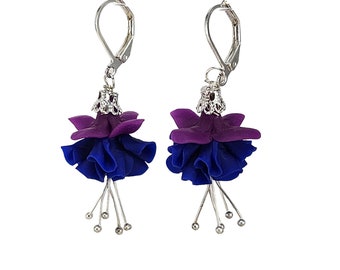 Violet Blue Fuchsia Flower Earrings | Ruffle Blue Fuchsia Flower Dangle Earrings | Realistic Blue Fuchsia Flower Jewelry