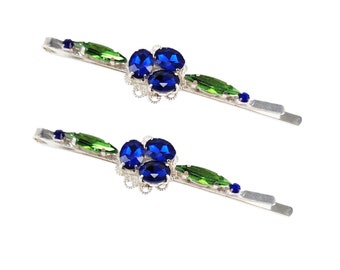 Sapphire Blueberry Style Rhinestone Silver Hair Pins | Fruit Inspired Rhinesone Side Clips | Blue Hair Accesory Set of 2