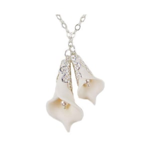 Double Calla Lily Pendant Necklace: Bridal Jewelry, Pearl Accent
