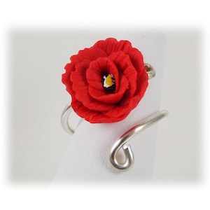 Red Poppy Sterling Silver Wrap Ring: August Birth Flower Jewelry