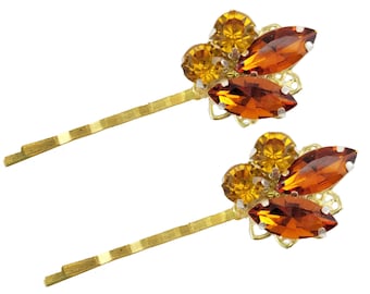 Golden Topaz Rhinestone Hair Pins | Topaz Jeweled Filigree Bobby Pins | Autumn Wedding Colors Hair Accessories