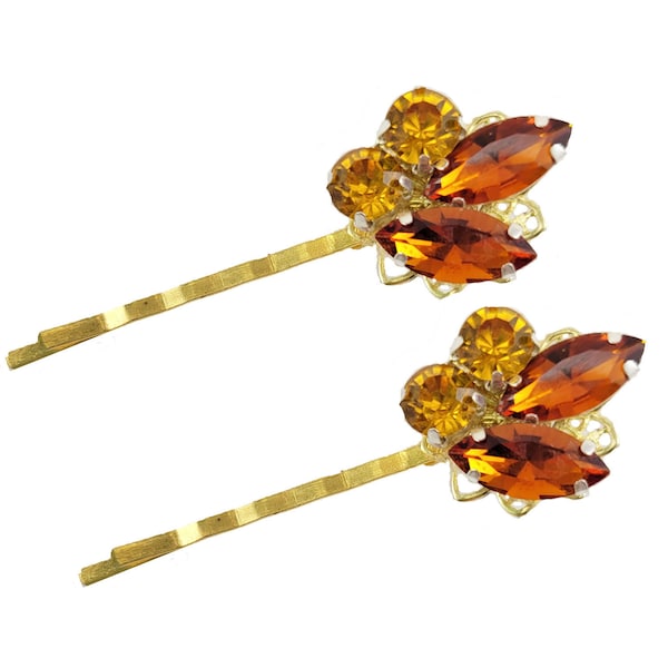 Golden Topaz Rhinestone Hair Pins | Topaz Jeweled Filigree Bobby Pins | Autumn Wedding Colors Hair Accessories