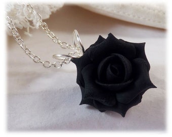 Small Black Rose Pendant Necklace | Black Rose Jewelry | Black Flower Necklace | Black Rose Bridesmaid Necklace