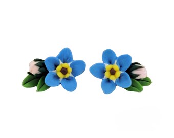 Forget Me Not Bouquet Stud Earrings or Clip Ons: Hand Sculpted Clay Flower, Hypoallergenic Options