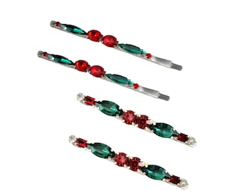 Red Holly Leaf Style Hair Pins Barrettes | Elegant Christmas Hair Accessories | Red Green Sparkling Holiday Hair Accessories